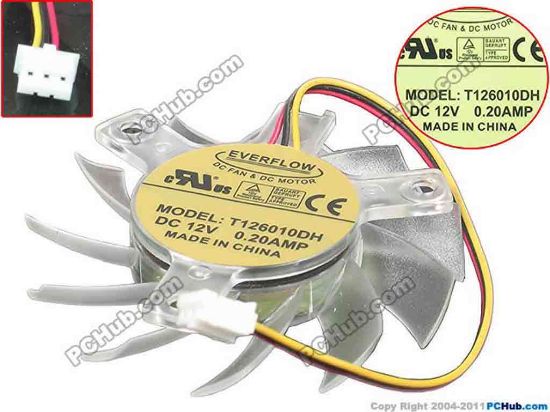 119989 Everflow T126010DH Server - Frameless / GPU Fan 55mm dia. Hole=40x40x40mm, w70x3x3, 12V 0.25A Everflow T126010DH Server - Frameless / GPU Fan 