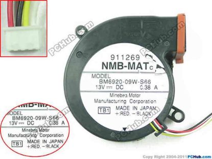 120645 NMB-MAT / Minebea BM6920-09W-S66 Server - Blower Fan TB1, bw70x70x20, 4-wire, 13V 0.38A NMB-MAT / Minebea BM6920-09W-S66 Server - Blower Fan 