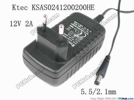 121087 Ktec KSAS0241200200HE  AC Adapter 5V-12V 12V 2A, 5.5/2.1mm, EU 2-Pin, New Ktec KSAS0241200200HE  AC Adapter 5V-12V 
