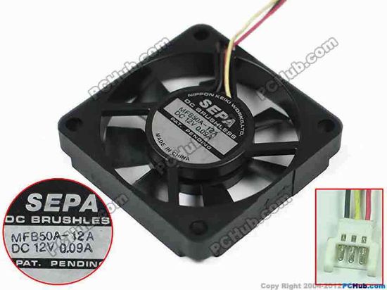 121237 SEPA MFB50A-12A Server - Square Fan sq50x50x10, W180x3x3, DC 12V 0.09A SEPA MFB50A-12A Server - Square Fan 