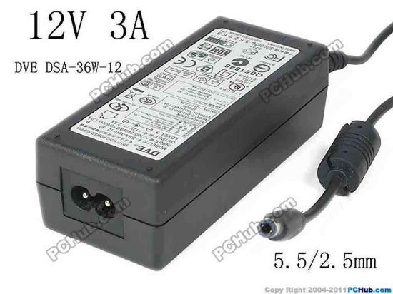 121868 DVE DSA-36W-12 AC Adapter 5V-12V 12V 3A, 5.5/2.5mm, 2-Prong, New DVE DSA-36W-12 AC Adapter 5V-12V 