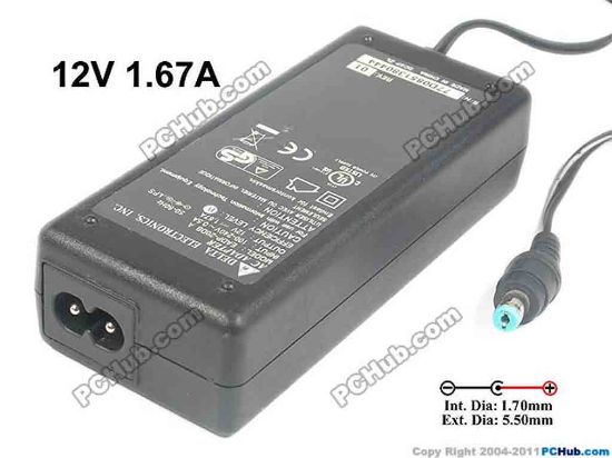 124195 Delta Electronics EADP-20DB AC Adapter 5V-12V 12V 1.67A, 5.5/1.7mm, 2-Prong, New Delta Electronics EADP-20DB AC Adapter 5V-12V 