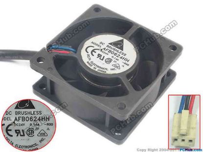 124998 Delta Electronics AFB0624HH Server - Square Fan R00, sq60x60x25, 3-wire, 24V 0.14A Delta Electronics AFB0624HH Server - Square Fan 