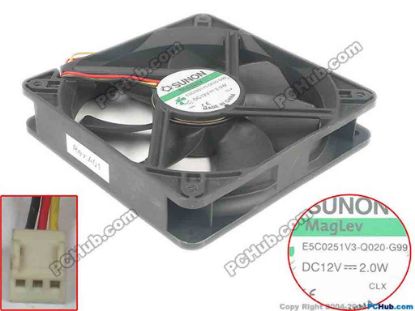 127837 SUNON E5C0251V3-Q020-G99 Server - Square Fan sq120x120x25, 3-wire, 12V2.0W SUNON E5C0251V3-Q020-G99 Server - Square Fan 