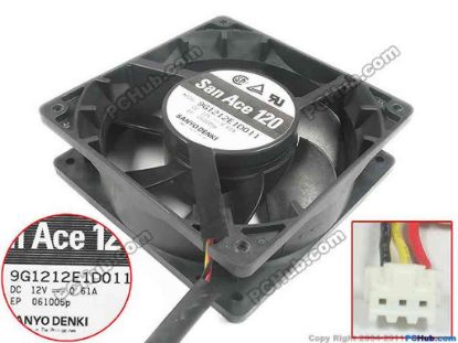 129123 Sanyo Denki 9G1212E1D011 Server - Square Fan sq120x120x38, 3-wire, 12V 0.61A Sanyo Denki 9G1212E1D011 Server - Square Fan 