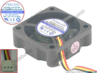 132807 EverCool EC3010L12EA Server - Square Fan sq30x30x10mm, w50x3x3, 12V 0.06A EverCool EC3010L12EA Server - Square Fan 