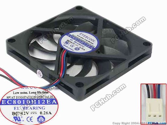 132818 EverCool EC8010H12EA  Server - Square Fan sq80x80x10mm, 3-wire, 12V 0.26A EverCool EC8010H12EA  Server - Square Fan 