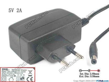 133520 DVE DSA-12PFA-05 AC Adapter 5V-12V 5V 2A, Barrel 5.5/2.5mm, EU 2-Pin Plug DVE DSA-12PFA-05 AC Adapter 5V-12V