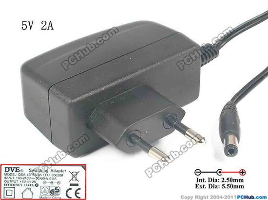 133520 DVE DSA-12PFA-05 AC Adapter 5V-12V 5V 2A, Barrel 5.5/2.5mm, EU 2-Pin Plug DVE DSA-12PFA-05 AC Adapter 5V-12V