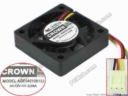 133550 CROWN AGE04010B12J Server - Square Fan sq40x40x10mm, w50x3x3, 12V 0.06A CROWN AGE04010B12J Server - Square Fan 