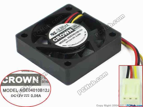133550 CROWN AGE04010B12J Server - Square Fan sq40x40x10mm, w50x3x3, 12V 0.06A CROWN AGE04010B12J Server - Square Fan 