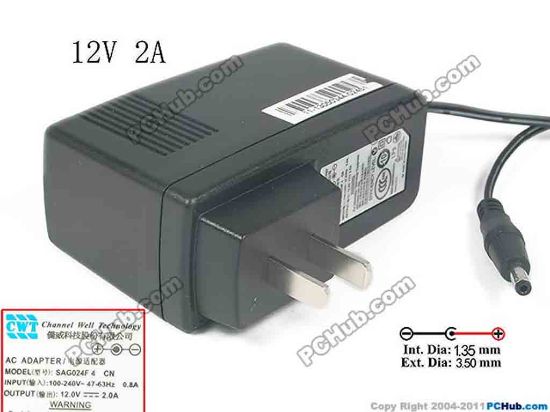136290 CWT / Channel Well Technology SAG024F AC Adapter 5V-12V 12V 2A, 3.5/1.35mm, US 2-Pin, New CWT / Channel Well Technology SAG024F AC Adapter 5V-12V