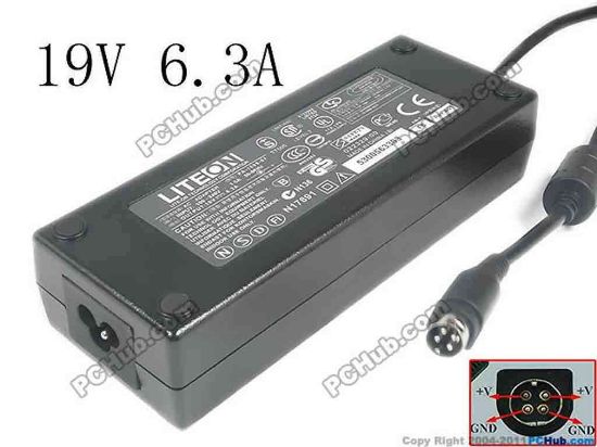 143927 LITE-ON PA-1600-07 AC Adapter- Laptop 19V 6.3A, 4P, P1&4=+, 3-Prong LITE-ON PA-1600-07 AC Adapter- Laptop <span style="color: #ff0000">19V 6.3A, 4-PIN P1&amp;4=V+, 3-Prong</span><br />
<br />