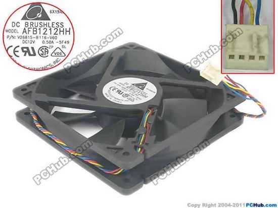 143958 Delta Electronics AFB1212HH Server - Square Fan  -5F49, DC 12V 0.50A, 120x120x25mm Delta Electronics AFB1212HH Server - Square Fan 