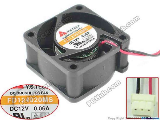 144167 Y.S TECH FD124020MS Server - Square Fan sq40x40x20mm, w60x2x2, 12V 0.06A Y.S TECH FD124020MS Server - Square Fan 