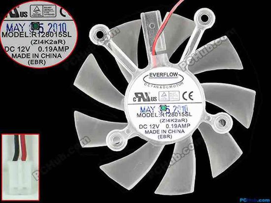 145622 Everflow R128015SL Server - Frameless / GPU Fan Zl4K2aR, 12V 0.19A, W80x2x2, D75x15x C43, Trans W Everflow R128015SL Server - Frameless / GPU Fan Cooling Fan for display card Asus 9600