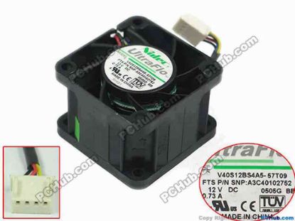 146890 Nidec V40S12BS4A5-57T09 Server - Square Fan sq40x40x28mm w40x4x4, 12V 0.73A Nidec V40S12BS4A5-57T09 Server - Square Fan 