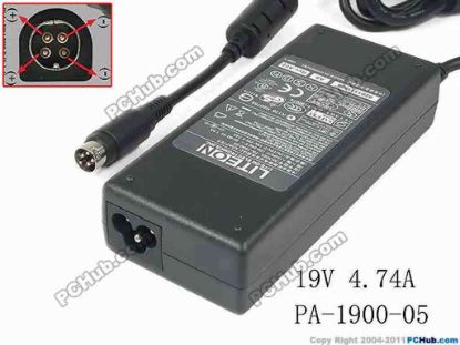 147088 LITE-ON PA-1900-05 AC Adapter- Laptop 19V 4.74A, 4-Pin P1&2=V+, 3-Prong, New LITE-ON PA-1900-05 AC Adapter- Laptop 