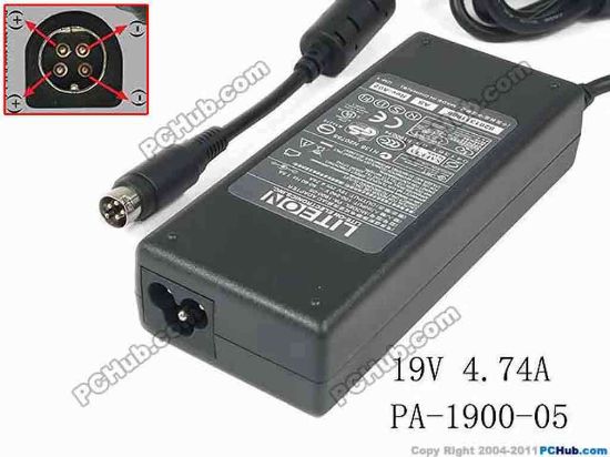 147088 LITE-ON PA-1900-05 AC Adapter- Laptop 19V 4.74A, 4-Pin P1&2=V+, 3-Prong, New LITE-ON PA-1900-05 AC Adapter- Laptop 