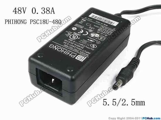 147103 PHIHONG PSC18U-480 AC Adapter- Laptop 48V 0.38A 18W, Barrel 5.5/2.5mm, IEC C14 PHIHONG PSC18U-480 AC Adapter- Laptop 