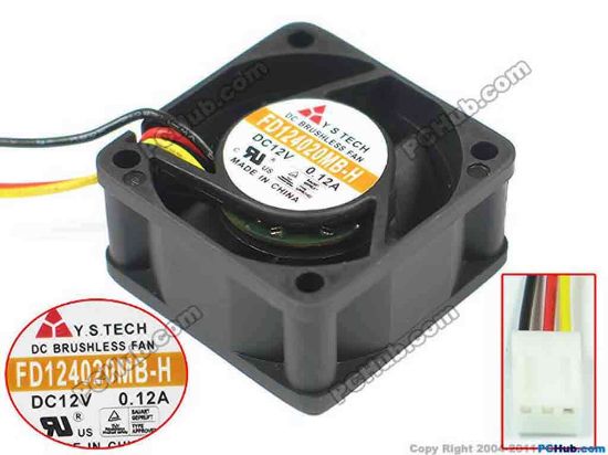 147533 Y.S TECH FD124020MB-H Server - Square Fan sq40x40x20mm, w50x3x3, 12V 0.12A Y.S TECH FD124020MB-H Server - Square Fan