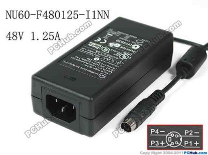 148577 LEI / Leader NU60-F480125-I1NN AC Adapter- Laptop 48V 1.25A, 4P, P1&3=V+ Small, P2&4=V-, C14 LEI / Leader NU60-F480125-I1NN AC Adapter- Laptop 
