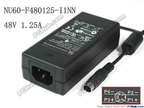 148577 LEI / Leader NU60-F480125-I1NN AC Adapter- Laptop 48V 1.25A, 4P, P1&3=V+ Small, P2&4=V-, C14 LEI / Leader NU60-F480125-I1NN AC Adapter- Laptop 
