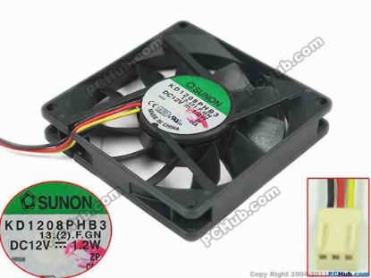 150057 SUNON KD1208PHB3 Server - Square Fan 13.(2).F.GN, sq80x80x15mm, DC 12V 1.2W, w200x3x3 SUNON KD1208PHB3 Server - Square Fan 
