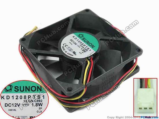 150062 SUNON KD1208PTS1 Server - Square Fan 13.GN.C892, sq80x80x25mm, DC 12V 1.8W, 3-wire SUNON KD1208PTS1 Server - Square Fan