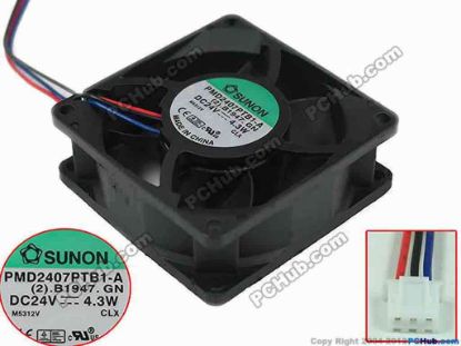 150284 SUNON PMD2407PTB1-A Server - Square Fan (2).B1947.GN, sq70x70x25mm, DC 24V 4.3W, w100x3x3 SUNON PMD2407PTB1-A Server - Square Fan