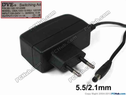 153685 DVE DSA-12G-12 AC Adapter 5V-12V 12V 1A, Barrel 5.5/2.1mm, EU 2-Pin Plug DVE DSA-12G-12 AC Adapter 5V-12V
