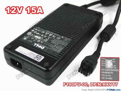 154491 Dell F180PU-00 AC Adapter- Laptop DP/N:RXVT7, 12V 15A, 8-Hole, Tip, IEC C14 Dell F180PU-00 AC Adapter- Laptop 
