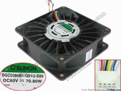 154901 SUNON SGC0384B1-Q01U-S99 Server - Square Fan 800-36324-02, 120x120x38mm, w300x4x4, DC 60V 70.8W SUNON SGC0384B1-Q01U-S99 Server - Square Fan 