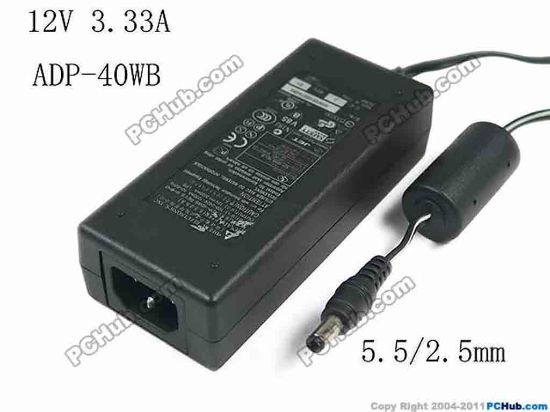 159808 Delta Electronics ADP-40WB REV.B AC Adapter- Laptop 12V 3.33A, Barrel 5.5/2.5mm, IEC C14, New Delta Electronics ADP-40WB REV.B AC Adapter- Laptop 