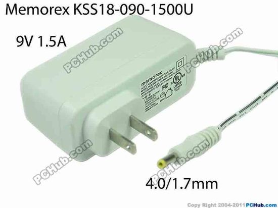166421 Memorex KSS18-090-1500U AC Adapter 5V-12V 9V 1.5A, Barrel 4.0/1.7mm, US 2-Pin Plug, KSS18-09 Memorex KSS18-090-1500U AC Adapter 5V-12V 