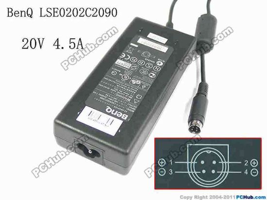 168658 BenQ Common Item (BenQ) AC Adapter- Laptop 20V 4.5A, 4P P1=+ P4=+, 3-Prong, New BenQ Common Item (BenQ) AC Adapter- Laptop 