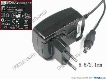 168663 PHIHONG PSM11R-120 AC Adapter 5V-12V 12V 0.84A, Barrel 5.5/2.1mm, EU 2-Pin Plug PHIHONG PSM11R-120 AC Adapter 5V-12V