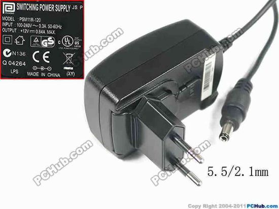 168663 PHIHONG PSM11R-120 AC Adapter 5V-12V 12V 0.84A, Barrel 5.5/2.1mm, EU 2-Pin Plug PHIHONG PSM11R-120 AC Adapter 5V-12V