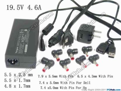 168691 Targus APA30CA AC Adapter- Laptop 19.5V 4.6A, 7 Tips, 3-prong, US Cord, New Targus APA30CA AC Adapter- Laptop <span style="font-size: 13.33px;">*The Targus 90W AC mains notebook power adapter offers a versatile replacement, or secondary power supply for your notebook at home or in the office, ensuring you remain switched on and productive. The inclusion of a number of power tips provides compatibility with many of today's major 19 Volt notebook brands requiring up to 90W of continuous power .</span>
<p style="font-size: 13.33px;">*90W continuous output: Provides sufficient power for most 19V based notebook devices</p>
<p style="font-size: 13.33px;">*This package includes:</p>
<p style="font-size: 13.33px;">3-Pin US Power cable.</p>
<p style="font-size: 13.33px;"><span id="ctl00_ContentPlaceHolder1_ItemDesc1_lblItemDescription">AC Adapter Model: APA03CA<span style="font-size: 13.33px;">AC Input : 100-240V~ 1.5A, 50-60Hz&nbsp;</span></span></p>
<p style="font-size: 13.33px;">&nbsp;&nbsp;&nbsp;&nbsp;&nbsp;&nbsp;&nbsp;&nbsp;DC Output : 19.5V 4.6A 90W</p>
<p style="font-size: 13.33px;"><span style="font-size: 13.33px;">&nbsp;&nbsp;&nbsp;&nbsp;&nbsp;&nbsp;&nbsp;&nbsp;Dimensions: 132 x 55 x 29 mm</span></p>
<p style="font-size: 13.33px;"><span style="font-size: 13.33px;">Tip P - 5.5 x 2.5 mm</span></p>
<p style="font-size: 13.33px;">Tip A - 5.5 x 1.7mm For Acer</p>
<p style="font-size: 13.33px;">Tip T - 4.8 x 1.7mm For Hp, LG<span style="font-size: 13.33px;"><br />
</span></p>
<p style="font-size: 13.33px;"><span style="font-size: 13.33px;">Tip Q - 7.4 x 5.0mm With Pin For Dell</span></p>
<p style="font-size: 13.33px;">Tip D - 7.4 x5.0mm With Pin For Hp</p>
<p style="font-size: 13.33px;">Tip R - 7.9 x 5.5mm With Pin For Hp</p>
<p style="font-size: 13.33px;">Tip N - 6.5 x 4.3mm With Pin For LG, Samsung, Sony</p>
<p style="font-size: 13.33px;">USB Charger: Output 5V 550mA, Input AC110V-240V</p>
<p style="font-size: 13.33px;">USB Charging Cable.</p>
<div><br />
</div>
<p style="font-size: 13.33px;"></p>