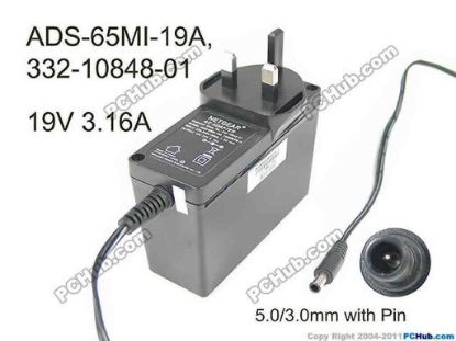 172938 NETGEAR ADS-65MI-19A AC Adapter- Laptop 19V 3.16A, Barrel 5.0/3.0mm with Pin, UK 3-Pin Plu NETGEAR ADS-65MI-19A AC Adapter- Laptop 