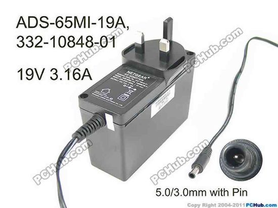 172938 NETGEAR ADS-65MI-19A AC Adapter- Laptop 19V 3.16A, Barrel 5.0/3.0mm with Pin, UK 3-Pin Plu NETGEAR ADS-65MI-19A AC Adapter- Laptop 